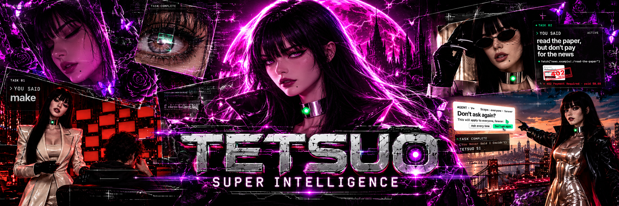 Tetsuo Super Intelligence banner. The agent in neon pink, green collar light, over a city of tasks.